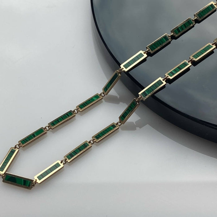 14k Yellow Gold Malachite Link Bar Chain Necklace