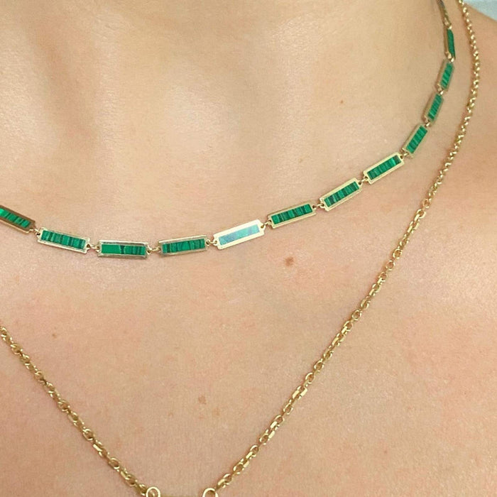 Malachite Bar link necklace 14k gold 