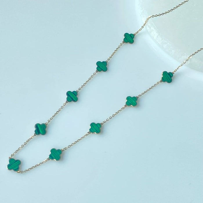 14k Yellow Gold Malachite Clover Station Necklace