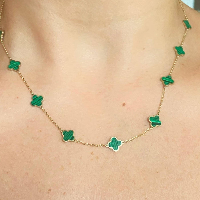 14k Yellow Gold Malachite Clover Station Necklace