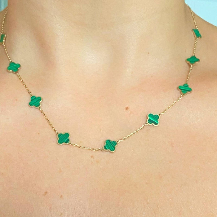 14k Yellow Gold Malachite Clover Station Necklace