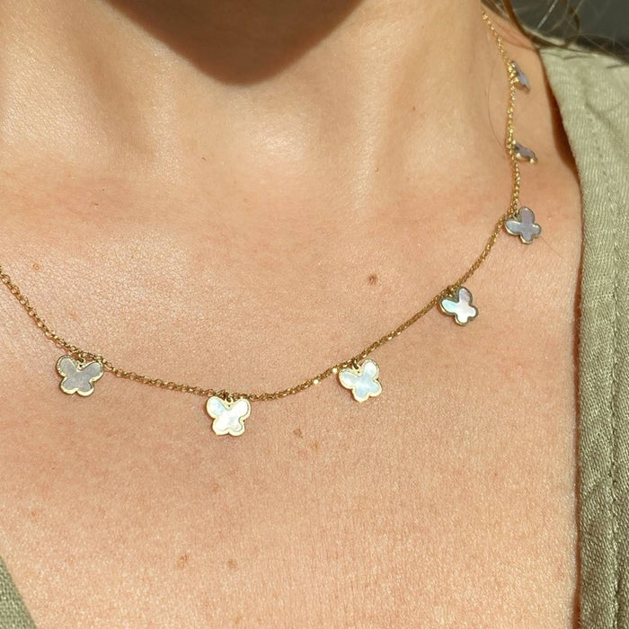 14K Yellow Gold Mother Of Pearl Butterfly Necklace