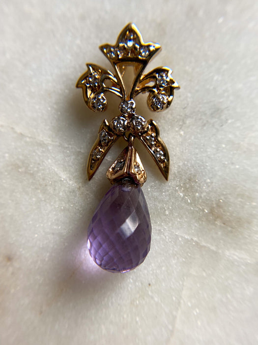 14K Yellow Gold Vintage Diamond And Amethyst Pendant