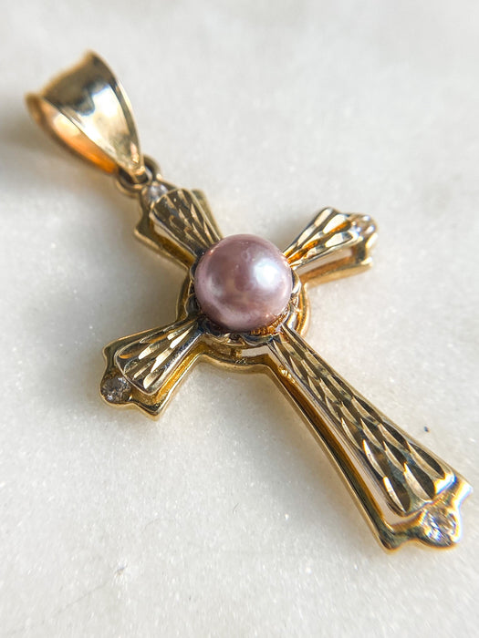 14K Yellow Gold Pearl and Diamond Cross Vintage Pendant