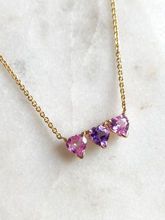 14k Gold Amethyst and Pink Topaz Necklace *  Gemstone Heart Necklace *