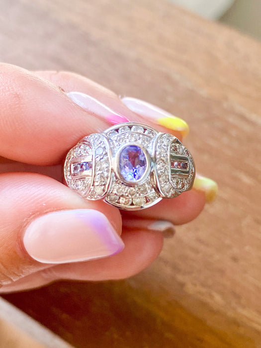 18k White Gold Tanzanite And Diamond Art Deco Vintage Ring