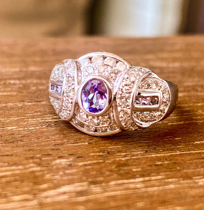 18k White Gold Tanzanite And Diamond Art Deco Vintage Ring