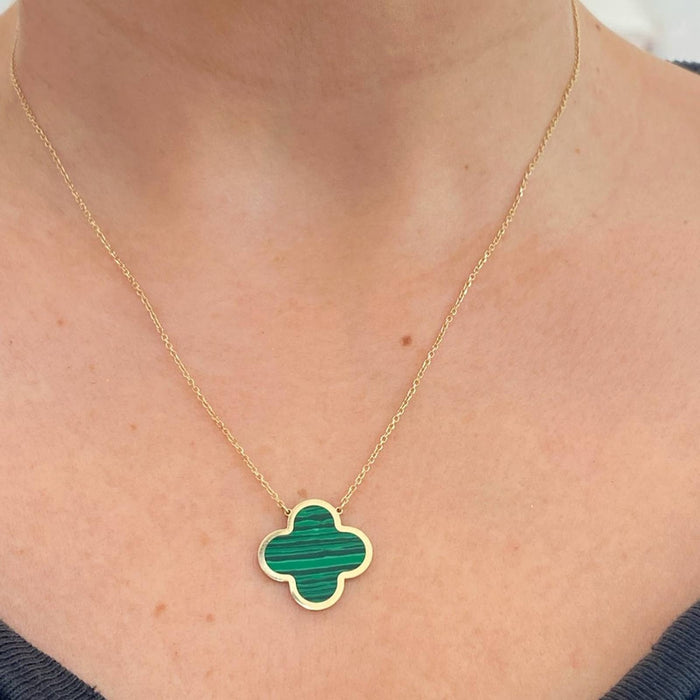 14K Yellow Gold Malachite Clover Necklace