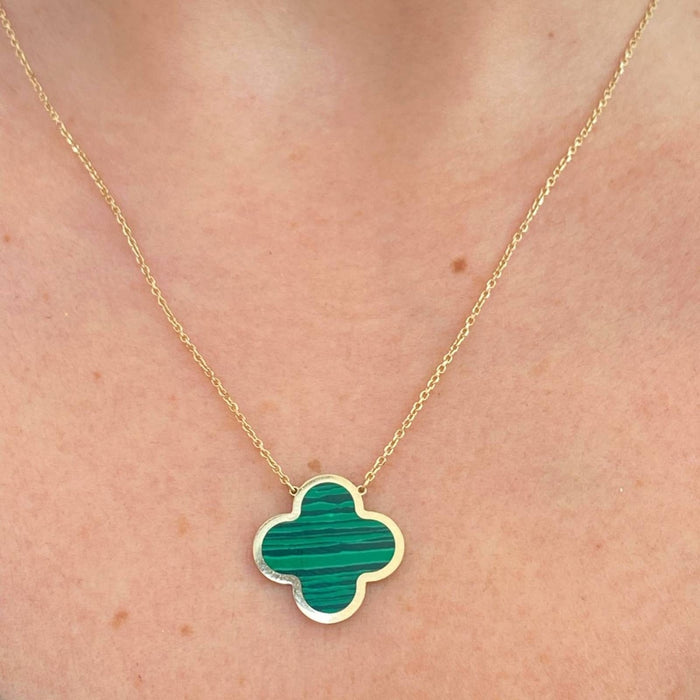 14K Yellow Gold Malachite Clover Necklace