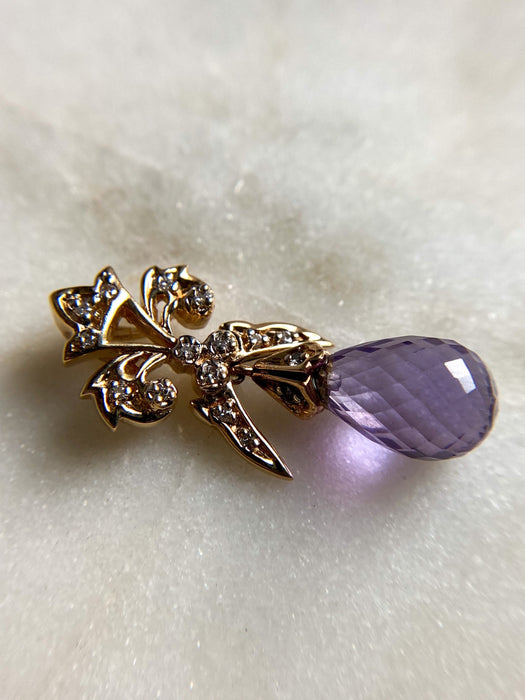 14K Yellow Gold Vintage Diamond And Amethyst Pendant