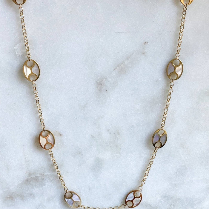 14K Yellow Gold Mother of Pearl Mariner  Link Station Necklace