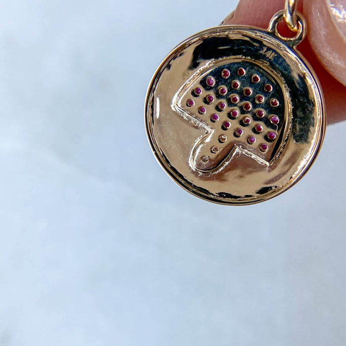 14K Yellow Gold Diamond and Ruby Mushroom Medallion Charm Pendant