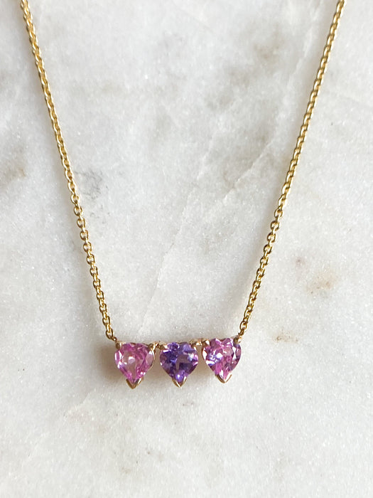 14k Gold Amethyst and Pink Topaz Necklace *  Gemstone Heart Necklace *