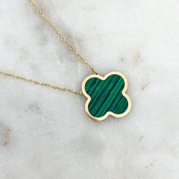 14K Yellow Gold Malachite Clover Necklace