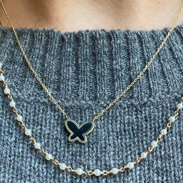 14K Gold Onyx Butterfly Necklace