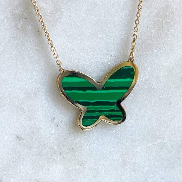 14K Yellow Gold Inlay Malachite Butterfly Necklace