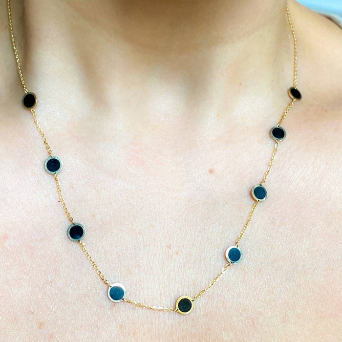 14K Yellow Gold Inlay Onyx Disc Station Necklace