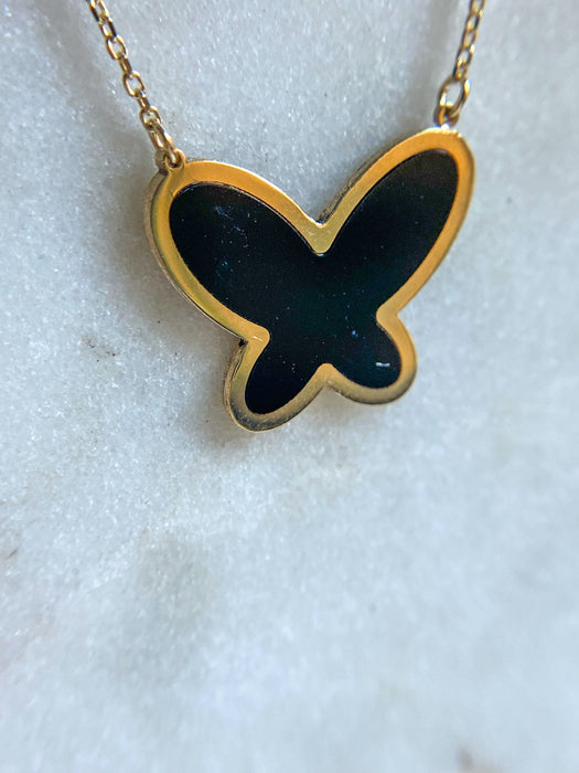 14K Yellow Gold Onyx Butterfly Necklace