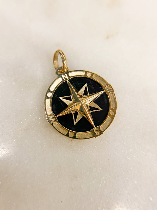 14K Gold Onyx Compass Charm Pendant