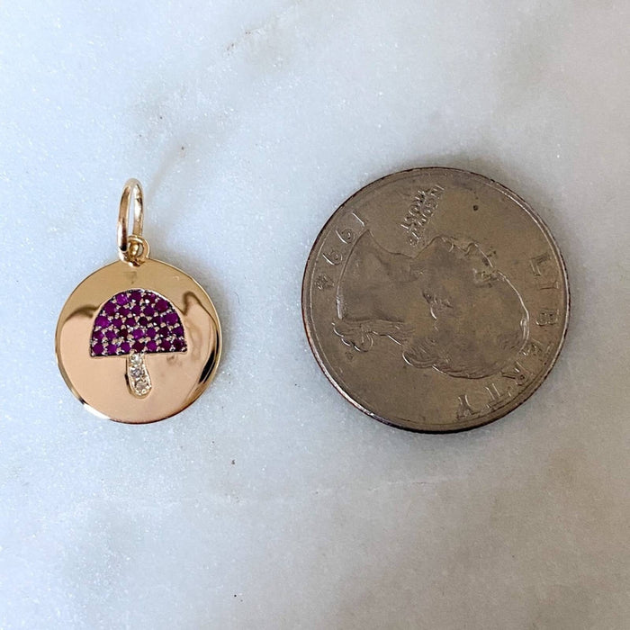 14K Yellow Gold Diamond and Ruby Mushroom Medallion Charm Pendant