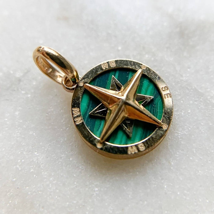 14K Gold Malachite Compass Pendant