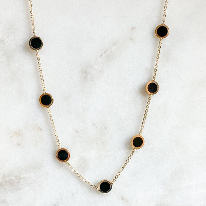 14K Yellow Gold Inlay Onyx Disc Station Necklace