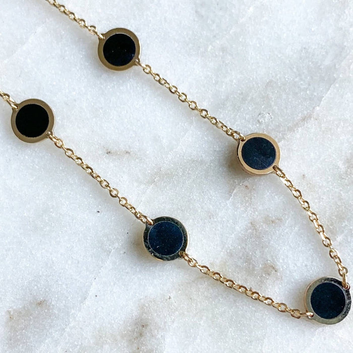 14K Yellow Gold Inlay Onyx Disc Station Necklace