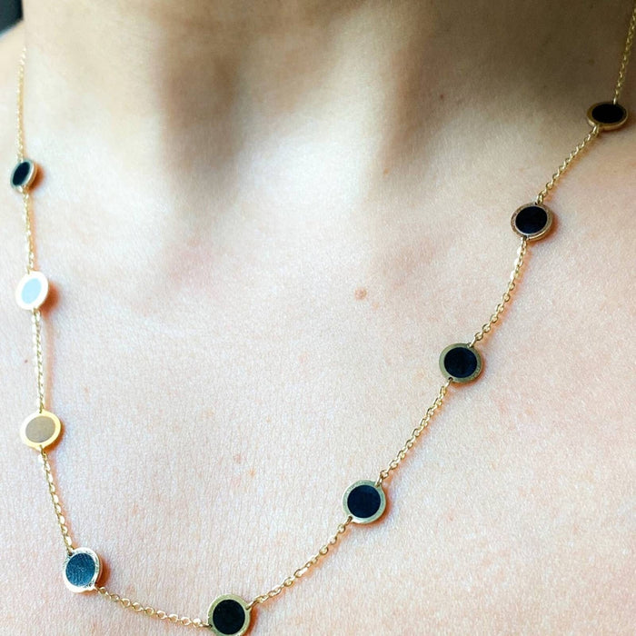 14K Yellow Gold Inlay Onyx Disc Station Necklace