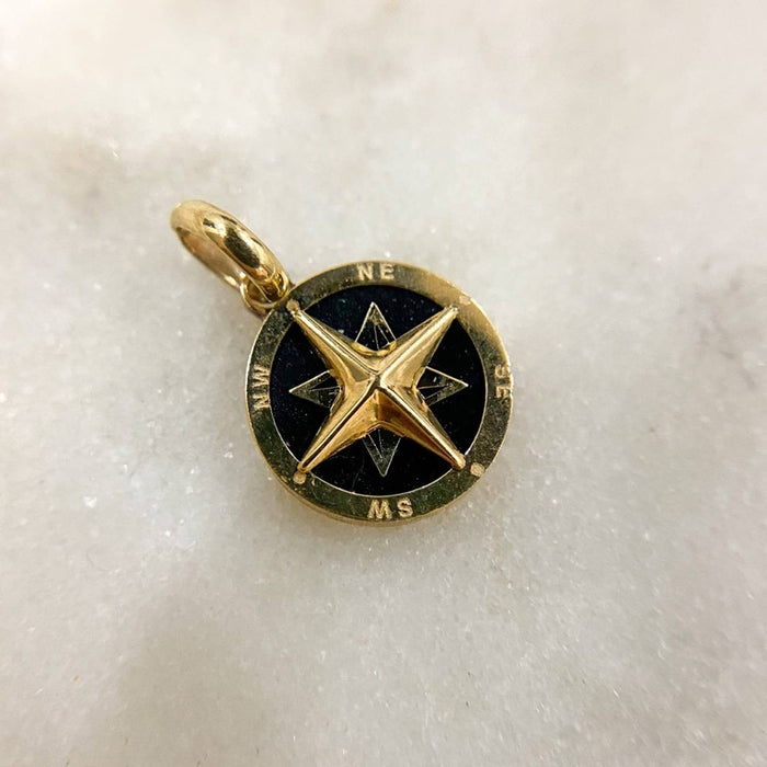 14K Gold Onyx Compass Charm Pendant