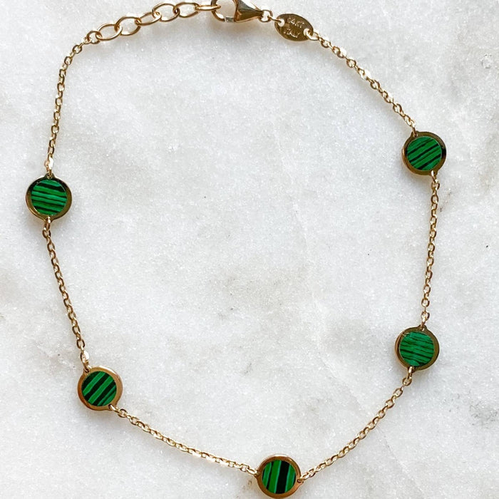 14K Yellow Gold Inlay Malachite Disc Station Bracelet