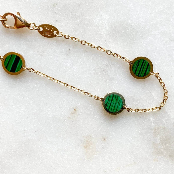 14K Yellow Gold Inlay Malachite Disc Station Bracelet