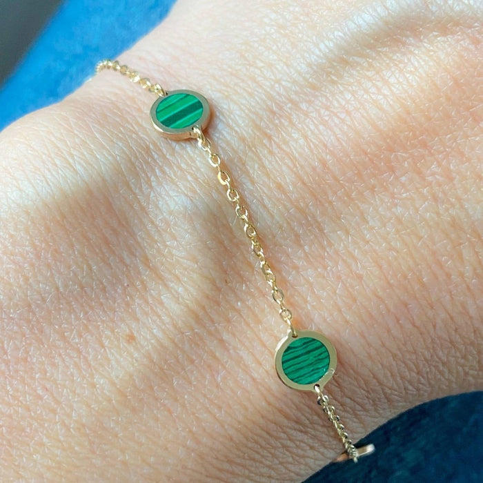 14K Yellow Gold Inlay Malachite Disc Station Bracelet