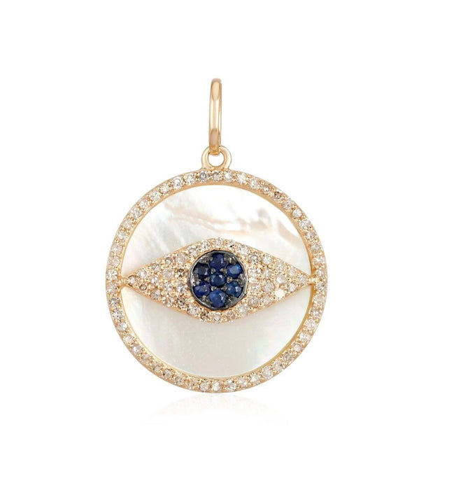 14K Yellow Gold Evil Eye Mother Of Pearl Medallion With Diamonds and Blue Sapphire