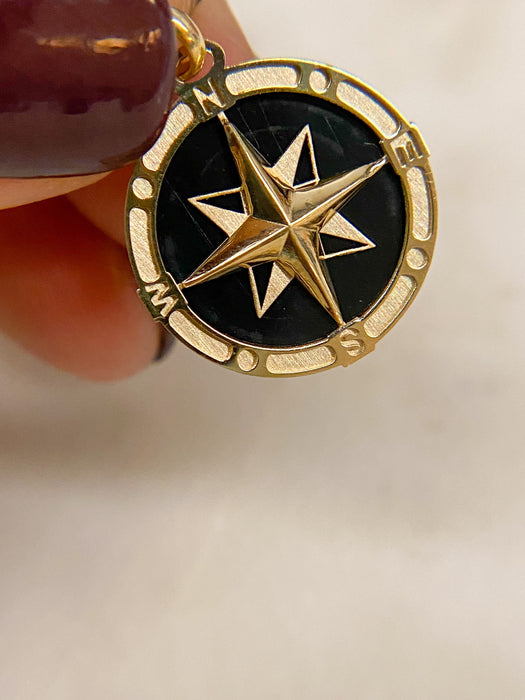 14K Gold Onyx Compass Charm Pendant