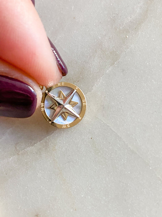 14K Gold Mother Of Pearl Compass Charm Pendant