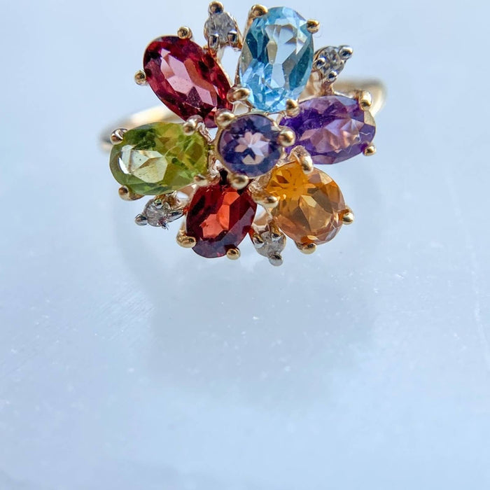 14K Gold Multi Stone Flower Cocktail Ring