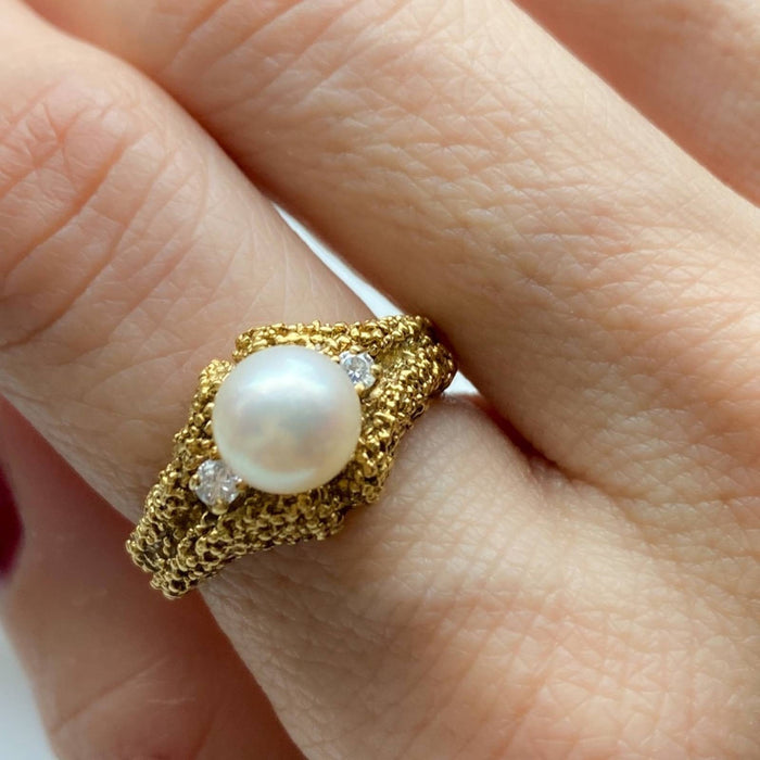 18K Gold Antique Pearl And Diamond Ring