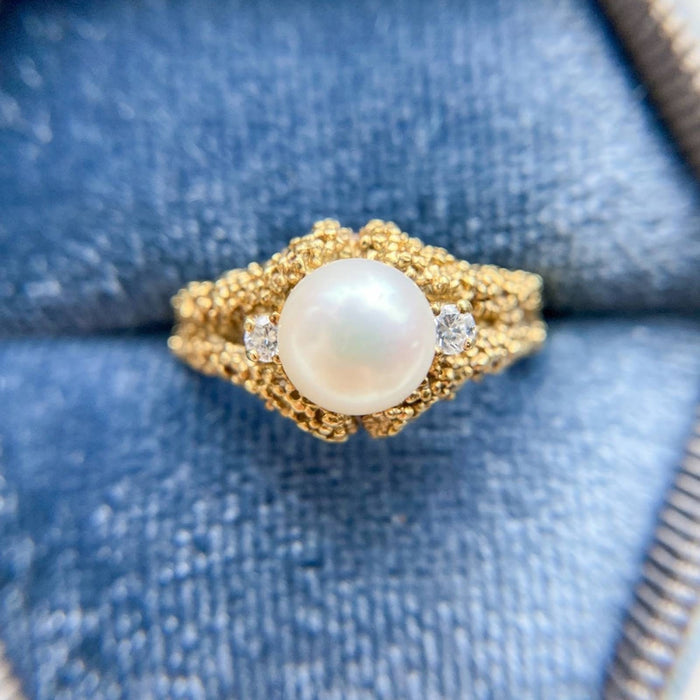 18K Gold Antique Pearl And Diamond Ring