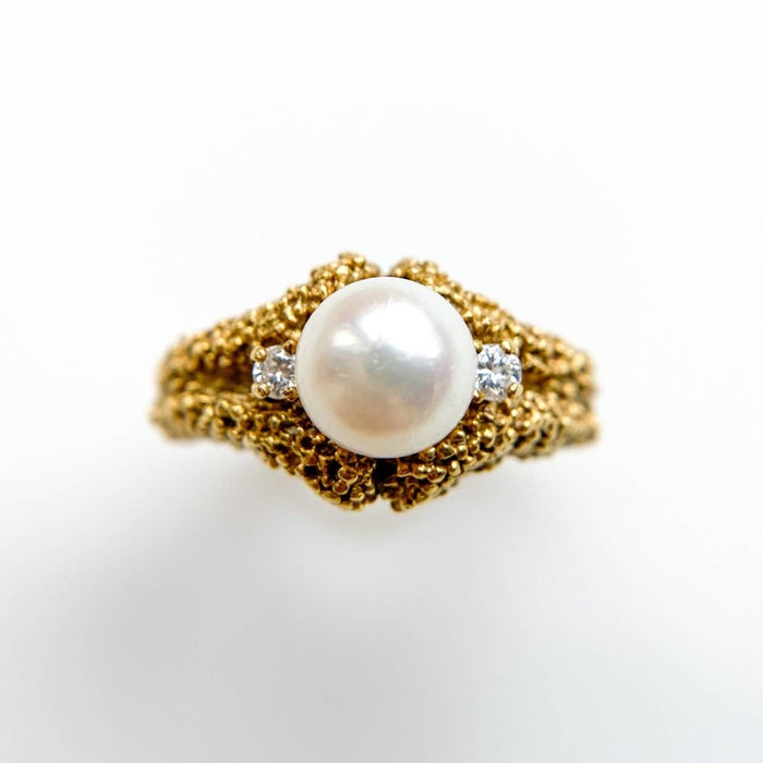 18K Gold Antique Pearl And Diamond Ring