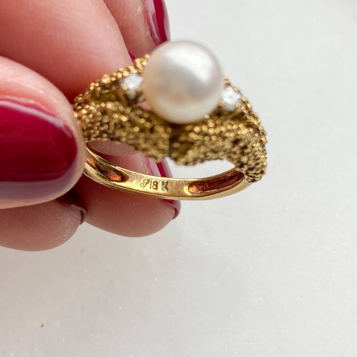 18K Gold Antique Pearl And Diamond Ring