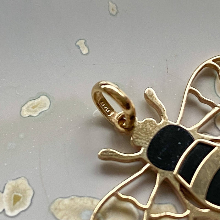 14K Yellow Gold Onyx Bee Charm Pendant