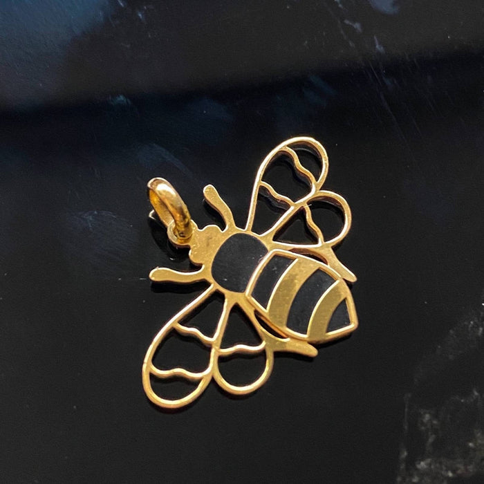 14K Yellow Gold Onyx Bee Charm Pendant