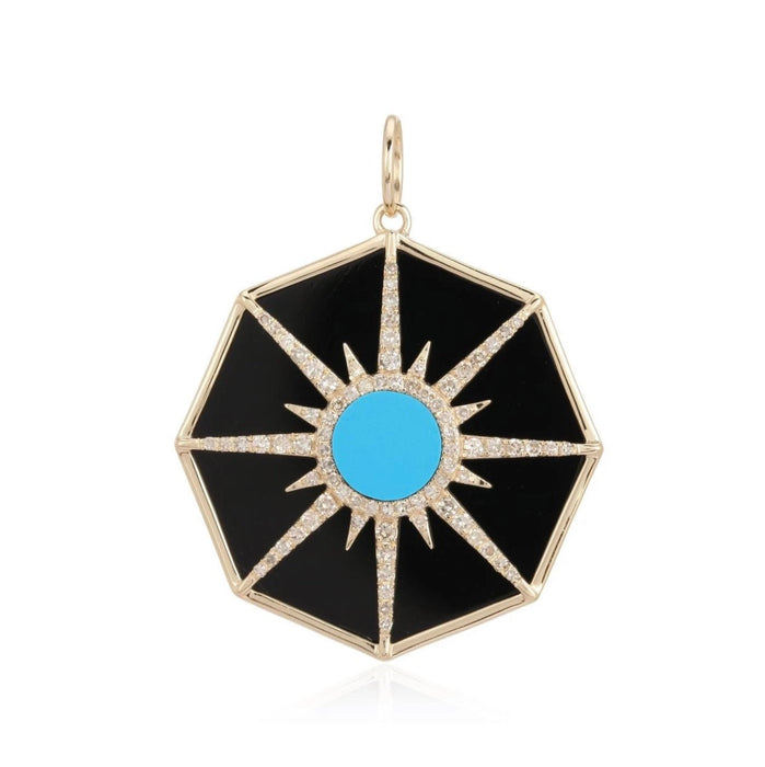 14K Gold Onyx and Turquoise Medallion Charm