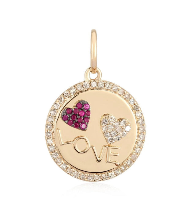 14K Yellow Gold Love and Heart Medallion Charm Pendant