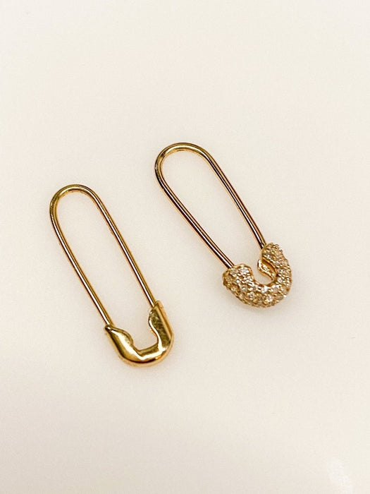 14K Yellow Gold Safety Pin Earring  / Diamond Safety Pin Earring