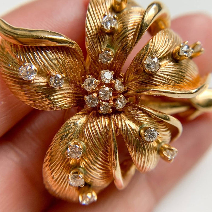 14K Yellow Gold Diamond Flower Vintage Brooch