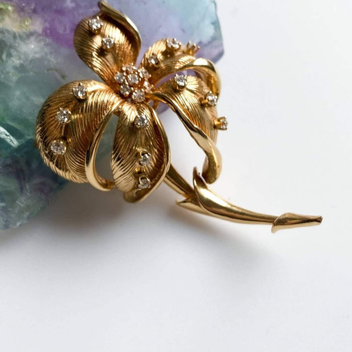 14K Yellow Gold Diamond Flower Vintage Brooch