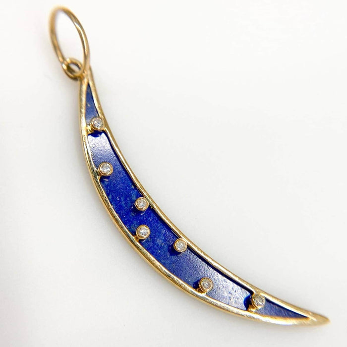 14K Yellow Gold Crescent Moon Lapis Lazuli and Diamond Pendant