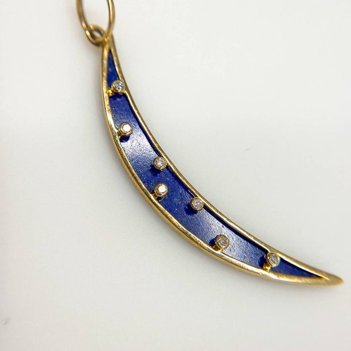 14K Yellow Gold Crescent Moon Lapis Lazuli and Diamond Pendant