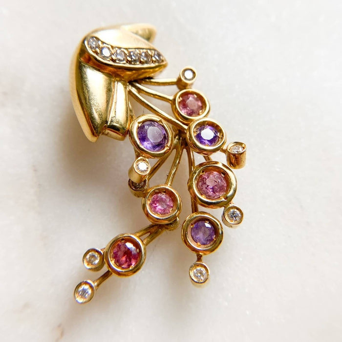 18K Yellow Gold Diamond Amethyst and Pink Sapphire Movement Pendant